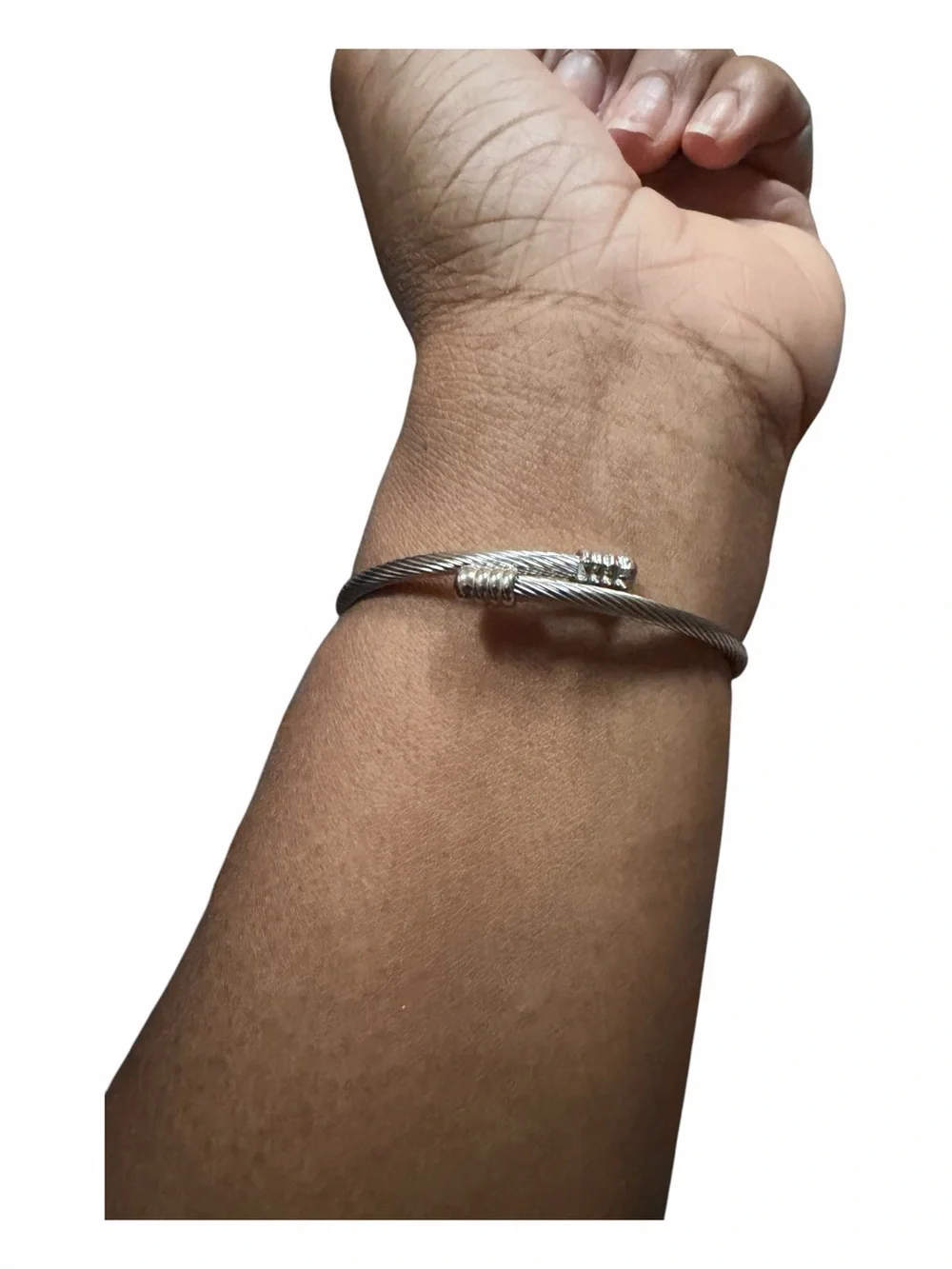 Silver Charm Adjustable Twisted Bangle with Green Eye and Hamsa Accents